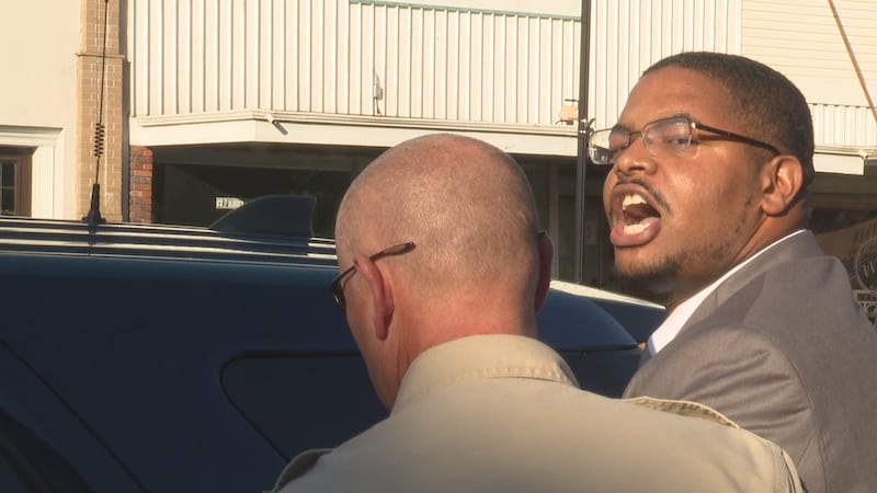 James Kelly yells as he leaves the Neshoba County Courthouse after being found guilty in 2021...