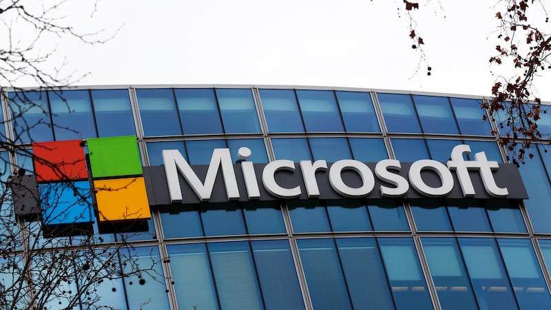 The Microsoft logo is pictured outside the headquarters in Paris, Jan. 8, 2021.