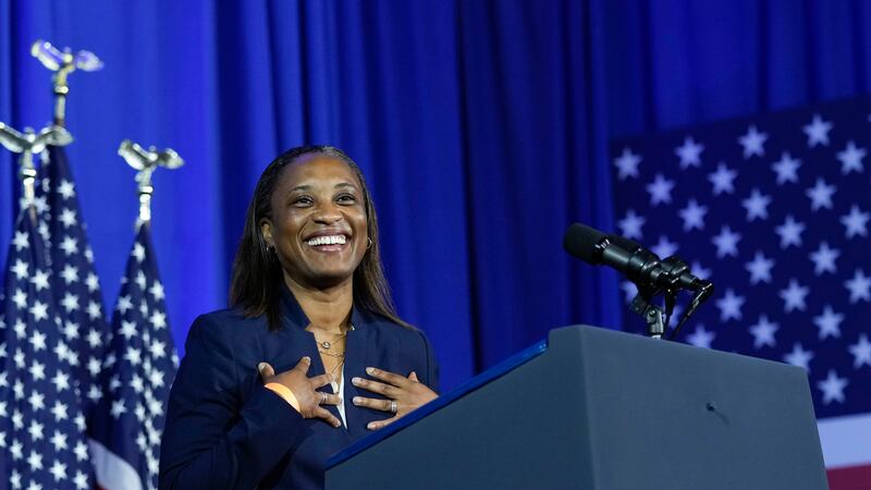 FILE - Laphonza Butler, President of EMILY's List, speaks during an event in Washington,...