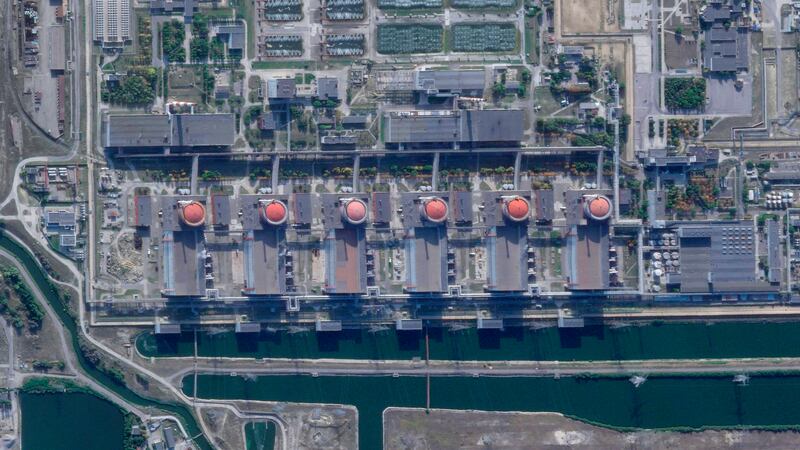 FILE - This satellite image from Planet Labs PBC shows the Zaporizhzhia nuclear power plant...